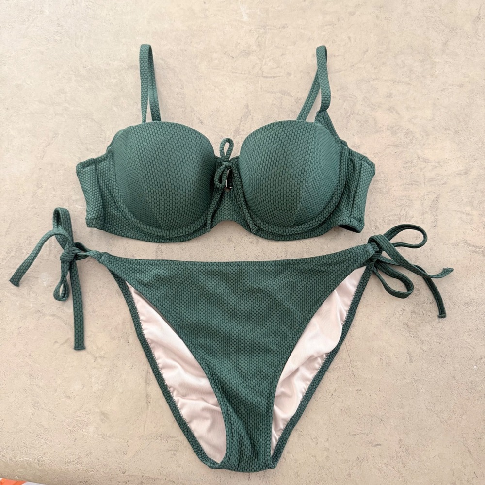 Shade & Shore Forest Green Honeycomb Textured Bikini Set 32B Small Underwire